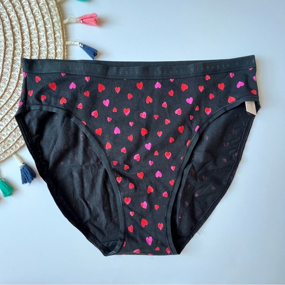 Victoria's Secret Stretch Cotton High-Leg Brief Panty Black w Hearts Small NEW - Picture 1 of 3